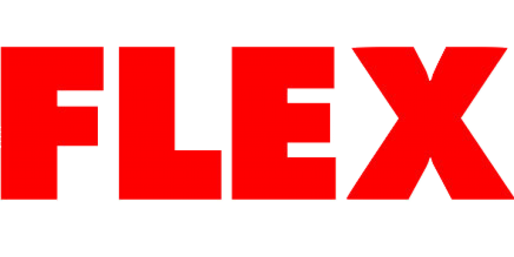 FLEX i store, røde bokstaver mot en lys grå bakgrunn.