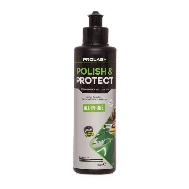 Prolab+ 3-i-1 Polish & Protect, 250 ml flaske med svart kork og grønn etikett.