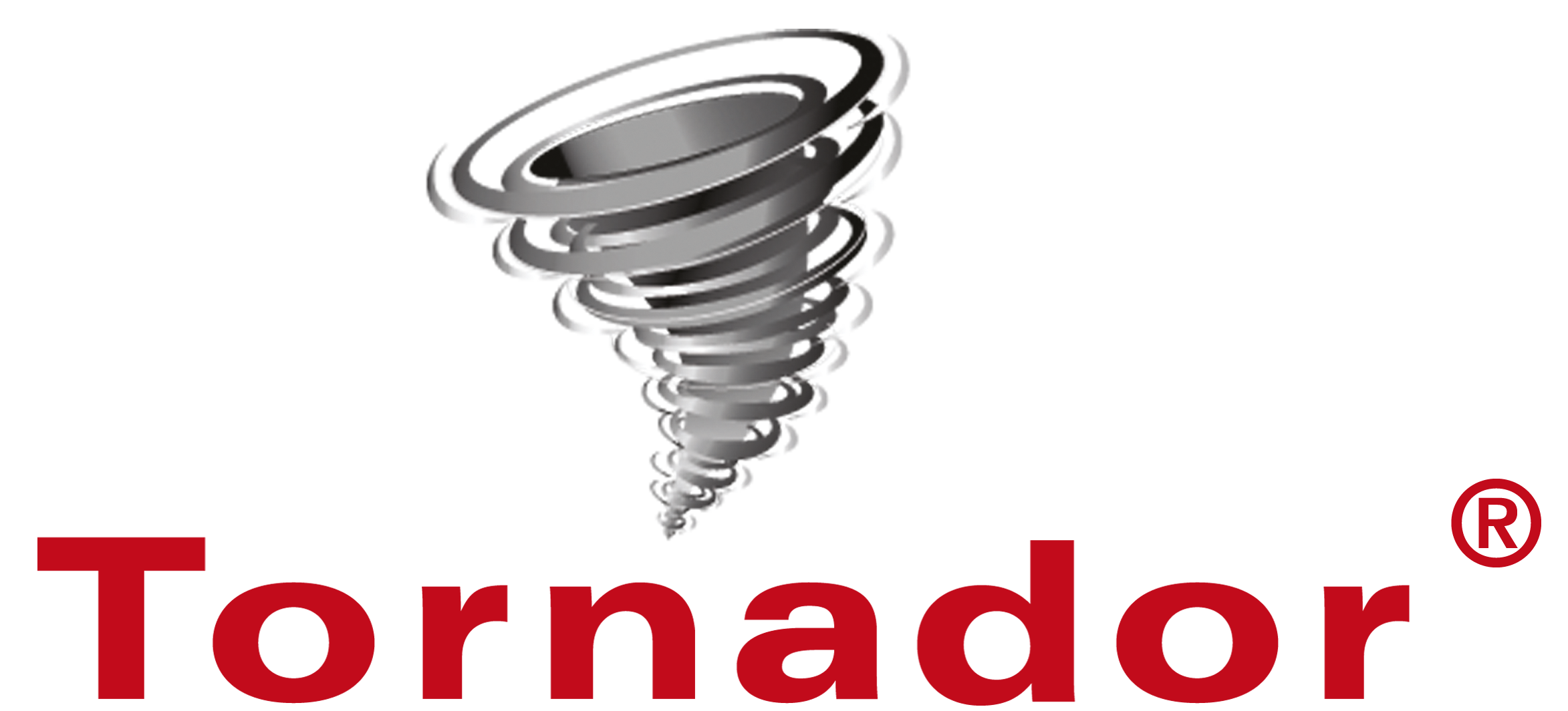 Grå tornado-grafikk over en rød Tornador-logo med varemerkesymbol på hvit bakgrunn.