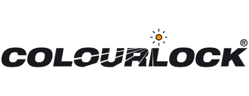 COLOURLOCK-logoen med et solikon over R-en og diagonale linjer gjennom midten av ordet.