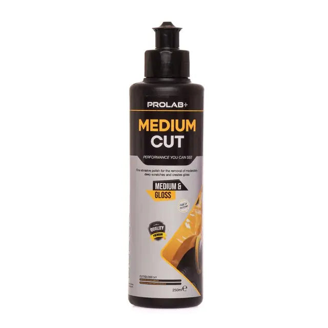Prolab+ Medium Cut-flaske, 250 ml, svart med flip-top-lokk og etikett.