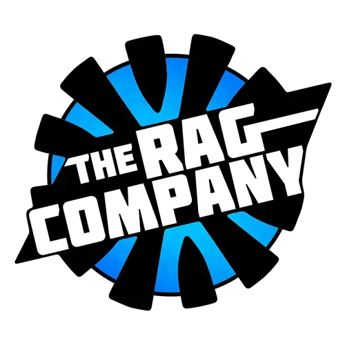 The Rag Company-logoen med hvit tekst på svarte former mot en blå, sirkulær bakgrunn.