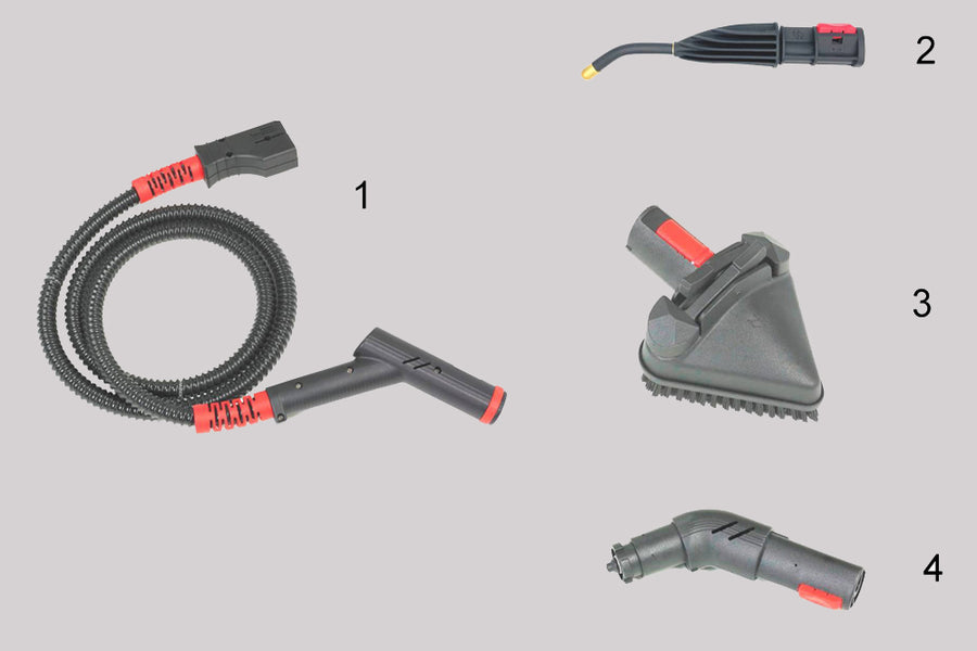Tornador STEAM Proff med fire nummererte deler: slange, dyse, trekantbørste og buet kobling.