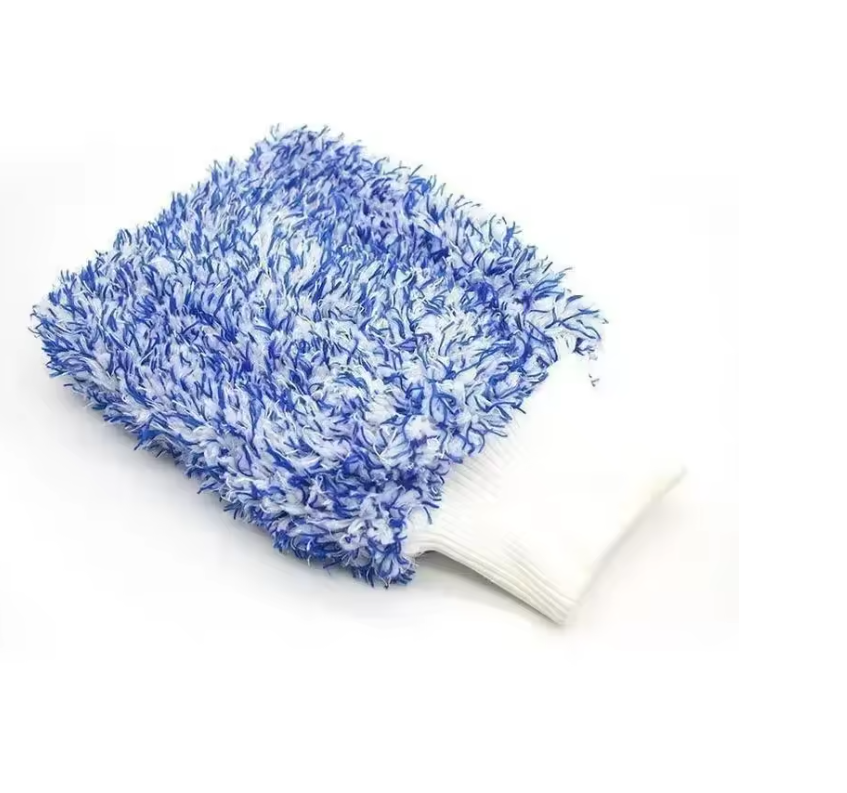 GlossMeister-vaskehanske i blå og hvit mikrofiber med hvit elastisk mansjett.