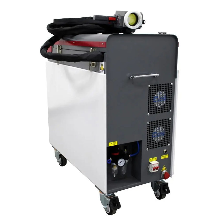ClearBeam Pulse 300 med hjul, kontrollpanel og slange, avbildet mot hvit bakgrunn.